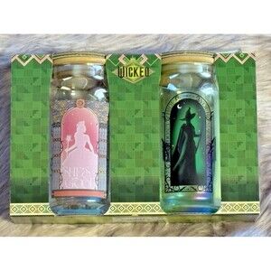 Glinda & Elphaba-Wicked 16oz Glass Tumblers With Bamboo Lid, NIB Silver Buffalo